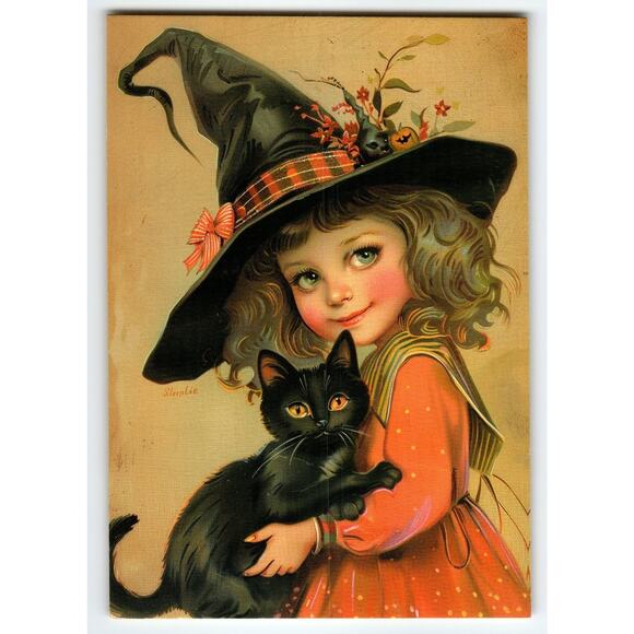 Vintage Halloween Witch Girl with Black Cat Photochrome Postcard - Picture 1 of 2